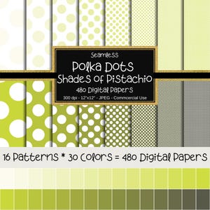 Shades of Pistachio Polka Dots Seamless Digital Paper Pack, 12&quot;x12&quot;, 480 Papers, Small Polka Dots, Big Polka Dots, Dotted, Scrapbook Paper