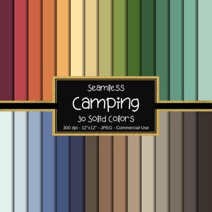 Puede incluir: Un conjunto de 30 fondos de papel digital en varios tonos de verde, azul, marrón, naranja y rojo. Los papeles son sin costuras y perfectos para proyectos de manualidades. El texto "Seamless Camping 30 Solid Colors 300 dpi - 12"x12" - JPEG - Commercial Use" se muestra en una pancarta negra y dorada.