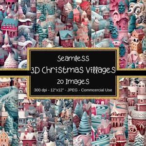 3D Weihnachtsdorf Nahtloses, digitales Papier, 12 "x12, 20 Designs, Weihnachten Hintergrund, Scrapbook-Papier, Instant Download, Scrapbooking, rosa