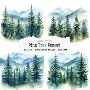 20 Kiefernwald Szenen Aquarell Clipart, immergrüne Bäume Naturlandschaft, 20 JPGs, Kiefernbaum Bilder, Natur Clipart, Berg Hintergrund