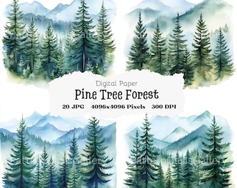 20 imágenes prediseñadas de acuarela de escenas de bosques de pinos, paisaje natural de árboles de hoja perenne, 20 imágenes JPG, imágenes de pinos, imágenes prediseñadas de naturaleza, fondo de montaña