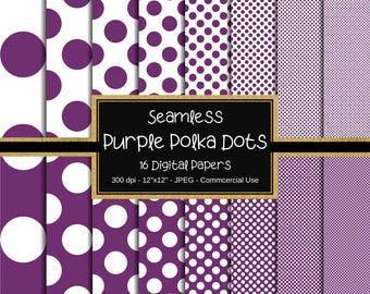 Purple Polka Dots nahtloses digitales Papier, 12 "x12", 16 Papiere, kleine Polka Dots, große Polka Dots, gepunktet, lila weiß gefärbte Punkte, Scrapbook