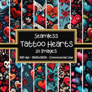 Puede incluir: Un conjunto de 20 patrones digitales sin costuras que presentan corazones de estilo tatuaje en varios colores y diseños. Los patrones son perfectos para crear fondos únicos, scrapbooking y otros proyectos creativos.  Seamless Tattoo Hearts 20 Images 300 dpi - 3600x3600 - Commercial Use
