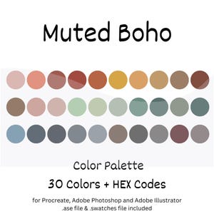 Muted Boho Digital Color Palette, iPad Procreate, Adobe Photoshop, Adobe Illustrator, Color Swatches, Muted Color Palette, HEX Codes