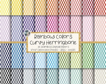 Curvy Herringbone Digital Paper Bundle, Seamless Rainbow Geometric Patterns, 36 Colors (Digital Download)