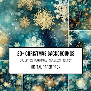 May include: A digital paper pack with 20+ seamless Christmas backgrounds featuring snowflakes and bokeh lights in shades of teal, blue, and gold. The backgrounds are 12 inches by 12 inches and 300 DPI.