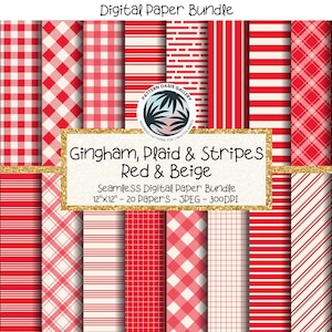 Paquete de papel digital con rayas de cuadros vichy en rojo y beige, patrones de scrapbooking sin costuras de 30 x 30 cm