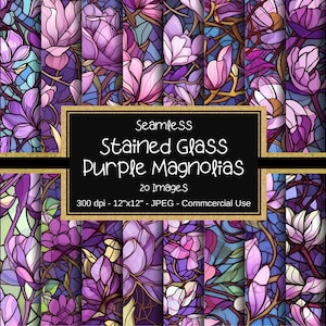 Stained Glass Purple Magnolias Seamless Patterns, Magnolias Digital Paper, 20 Images, 12&quot;x12&quot;, Commercial Use, Magnolia Patterns