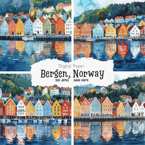 20 Bergen Norwegen Malerei, Bergen Norwegen Bilder, skandinavische Landschaft, bunte Häuser, Aquarellbilder, hochwertige JPG-Bilder, #150