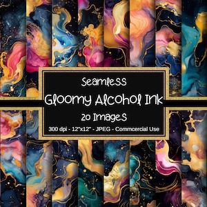 May include: A set of 20 digital seamless patterns featuring abstract alcohol ink designs in shades of blue, pink, gold, and black. The patterns are 12 inches by 12 inches and 300 dpi.