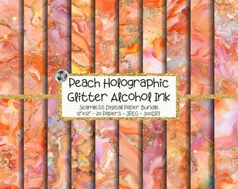 Peach Glitter Alcohol Ink Digital Paper Bundle, Seamless Pastel Marble Textures (Digital Download)