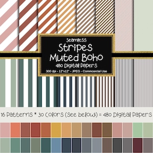Muted Boho Stripes Seamless Digital Paper Pack, 12"x12", 480 Papers, Striped Paper, Diagonal, Vertical, Seamless Stripes, Boho Colors