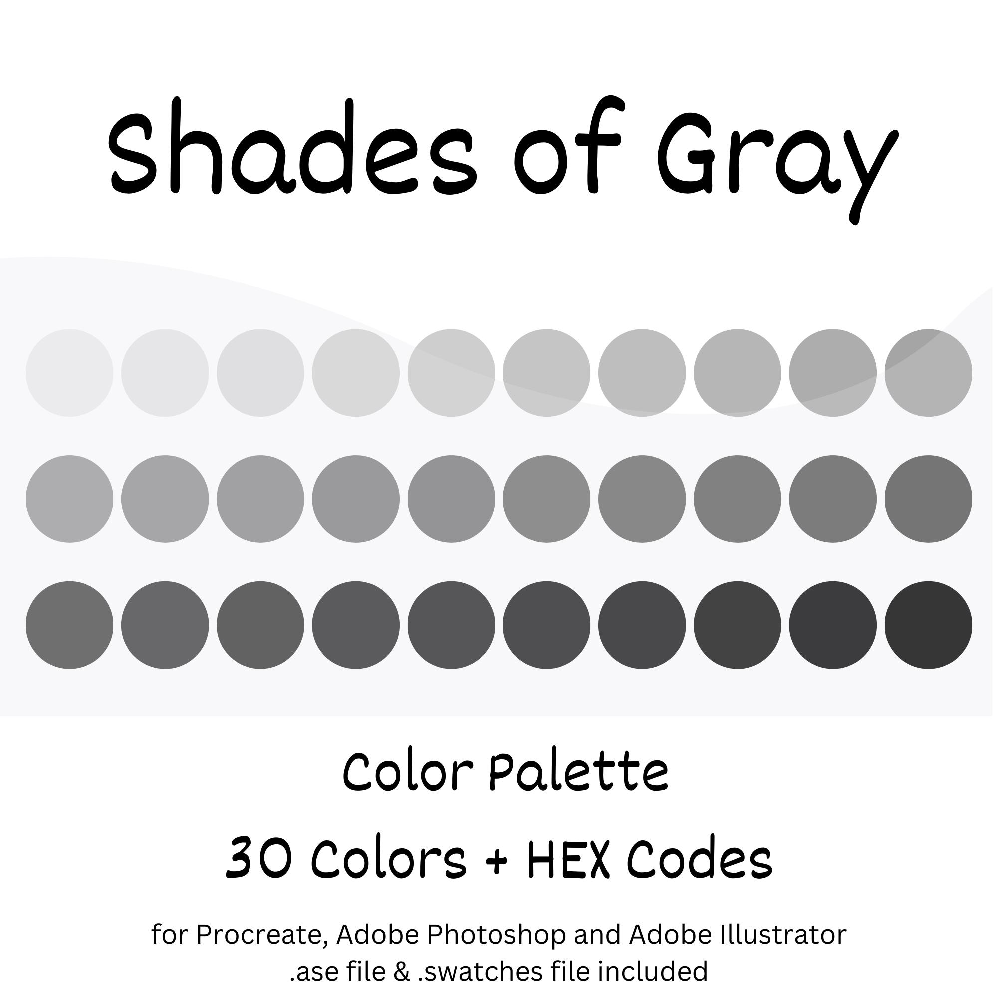 Paleta de colores digitales en gris para Procreate, Photoshop, Illustrator | 30 tonos de gris con códigos HEX