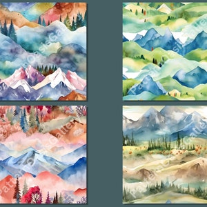 Op de afbeelding: Vier naadloze aquarelpatronen met berglandschappen in verschillende kleurenpaletten. De patronen omvatten blauwe, groene, bruine, roze en witte bergen met bomen en wolken.