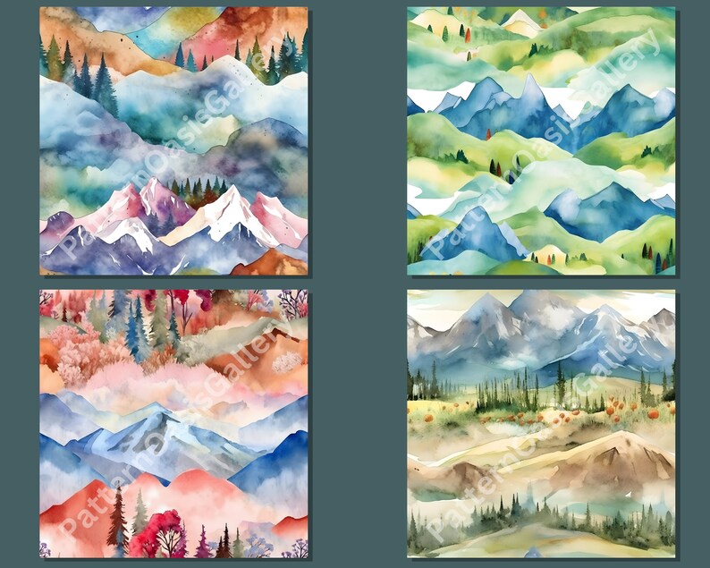 Op de afbeelding: Vier naadloze aquarelpatronen met berglandschappen in verschillende kleurenpaletten. De patronen omvatten blauwe, groene, bruine, roze en witte bergen met bomen en wolken.