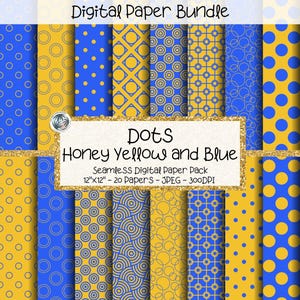 Könnte beinhalten: Ein digitales Papierbündel mit honiggelben und blauen Mustern. Designs umfassen Punkte, Kreise und geometrische Formen. Der Text lautet "Dots Honey Yellow and Blue" und "Seamless Digital Paper Pack 12"x12" - 20 Papers - JPEG - 300DPI".