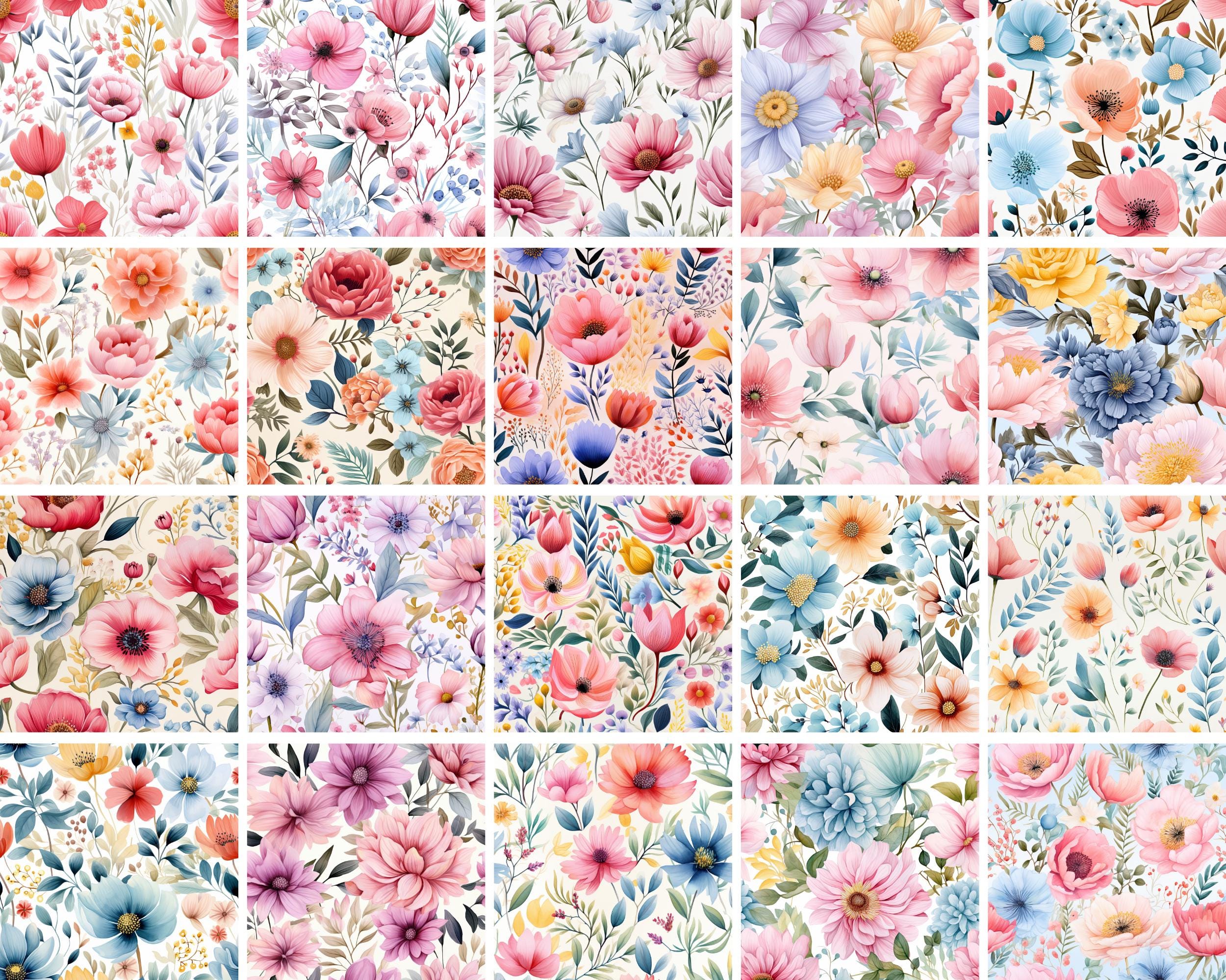Watercolor Pastel Flower Seamless Pattern, 20 Floral Designs (digital ...