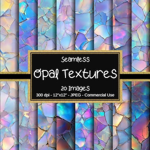May include: A set of 20 seamless digital paper patterns featuring iridescent opal textures in shades of blue, purple, and pink. Each pattern is 12 inches by 12 inches and 300 dpi. The patterns are perfect for digital scrapbooking, card making, and other craft projects.