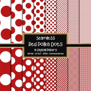 Papel digital sin costuras con lunares rojos, 12" x 12", 16 papeles, lunares pequeños, lunares grandes, punteado, puntos de color rojo y blanco, para scrapbooking