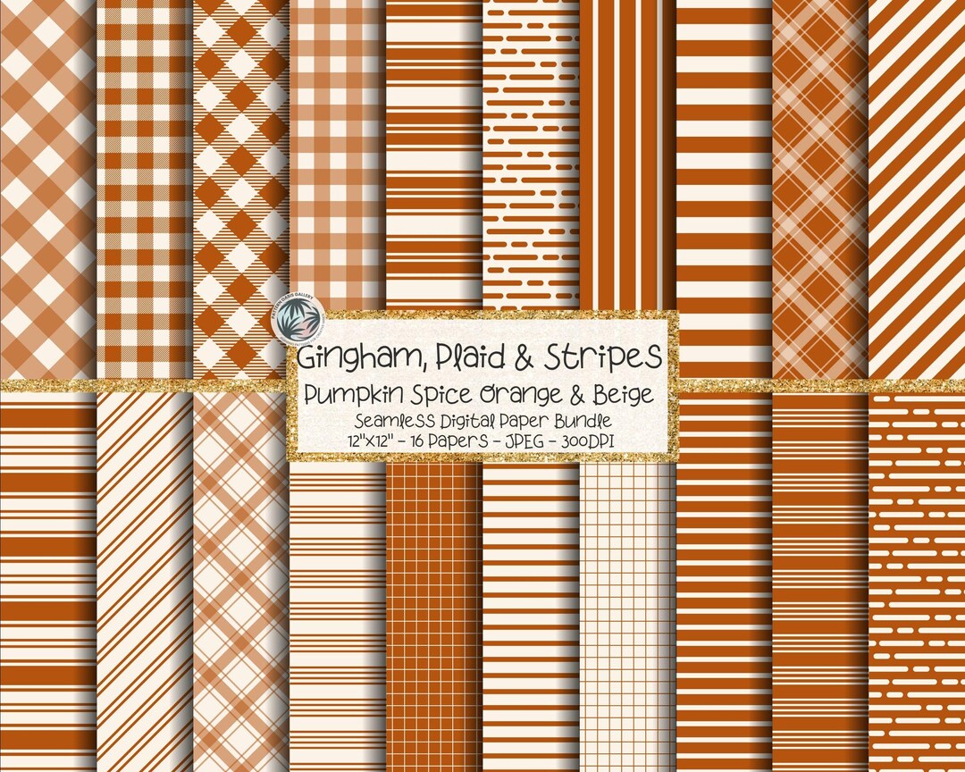 Gingham Plaid Stripes Digital Paper Bundle: Pumpkin Spice Orange ...