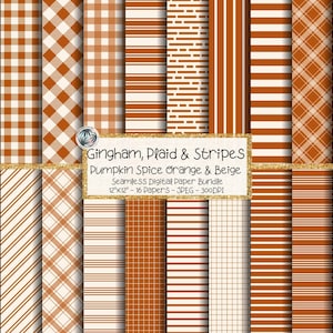 Può includere: Un pacchetto di carta digitale con vari motivi in arancione zucca e beige. I disegni includono quadretti, plaid e strisce. Il testo recita "Gingham, Plaid & Stripes Pumpkin Spice Orange & Beige Seamless Digital Paper Bundle 12"x12" - 16 Papers - JPEG - 300DPI."