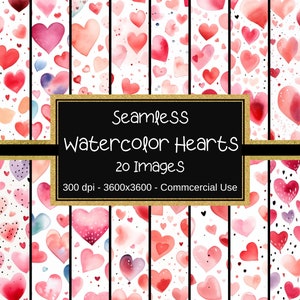 Patrones SIN COSTURAS de Corazones de Acuarela - Papel Digital de Corazones - 20 Diseños - 12x12in - Uso Comercial - Patrones de Corazón - Día de San Valentín
