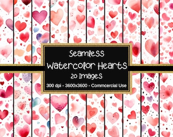 Watercolor Hearts Seamless Pattern – 20 Red Designs (Digital Paper)