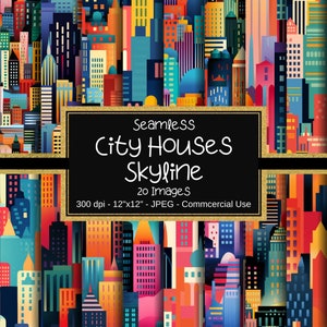 Carta digitale senza giunte delle case della città, modelli senza giunture dello skyline della città, modello della città di New York, 20 disegni, 12x12 pollici, uso commerciale, città colorata