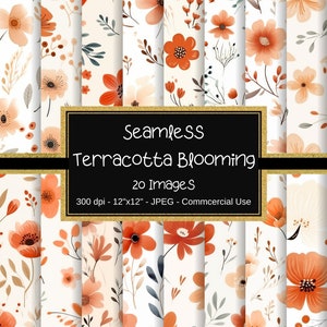 May include: A set of 20 digital seamless patterns featuring terracotta colored flowers and leaves on a white background. The patterns are 12 inches by 12 inches and 300 dpi.  Seamless Terracotta Blooming 20 Images 300 dpi - 12"x12" - JPEG - Commercial Use