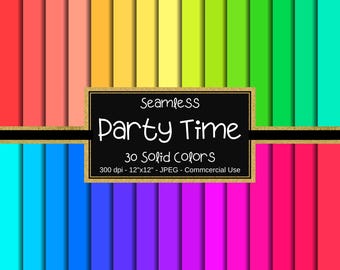 Könnte beinhalten: Ein digitales Papierpaket mit 30 einfarbigen Hintergründen. Die Farben sind leuchtend und reichen von Rot über Blau bis Grün. Der Text "Seamless Party Time 30 Solid Colors 300 dpi - 12"x12" - JPEG - Commercial Use" wird auf einem schwarzen und goldenen Banner angezeigt.