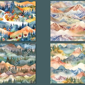 Op de afbeelding: Een naadloos patroon met aquarel illustraties van bergen, bomen en wolken in tinten blauw, groen, bruin en oranje. Het patroon is perfect voor het maken van achtergronden, inpakpapier of stof.