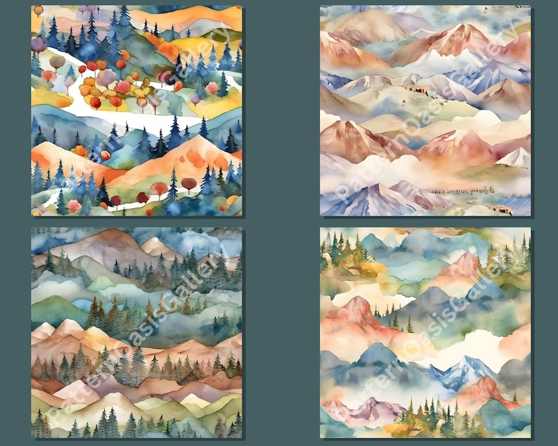 Op de afbeelding: Een naadloos patroon met aquarel illustraties van bergen, bomen en wolken in tinten blauw, groen, bruin en oranje. Het patroon is perfect voor het maken van achtergronden, inpakpapier of stof.