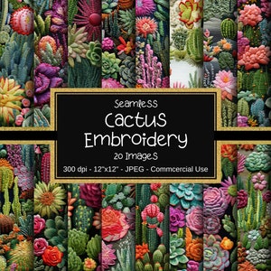 Papier numérique sans couture pour broderie de cactus, motifs de cactus, 20 motifs, papier imprimable, papier de scrapbooking, cactus et plantes succulentes brodés