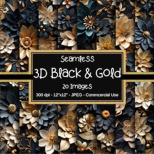 3D Schwarz und Gold Floral nahtlose Muster, 3D Schwarz und Gold Blumen Digitales Papier, 20 Designs, 12 "x 12", kommerzielle Nutzung, 3D Blumen