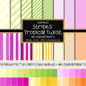 Tropical Twist Stripes Seamless Digital Paper Pack, 12"x12", 480 Papers, Striped Paper, Diagonal, Vertical, Seamless Stripes, Summer Colors