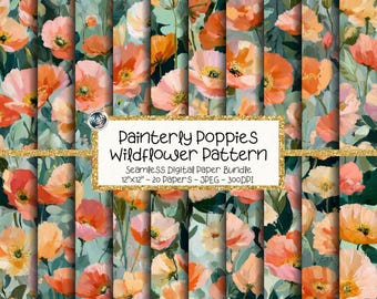 Painterly Poppies Digital Paper Bundle, Seamless Coral Wildflower Poppy Patterns (Digital Download)