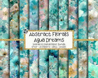 Aqua Floral Digital Paper Bundle, Seamless Watercolor Flower Pattern Pack (Digital Download)