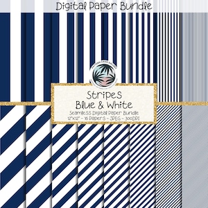 Blau & Weiß Nahtlos gestreiftes digitales Papier, gestreiftes Papier, 16 Streifen, digitaler Hintergrund, Scrapbook-Papier, kommerzielle Nutzung