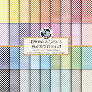 May include: A collection of 36 digital papers featuring a buffalo plaid pattern in a rainbow of colors. Each square is 12"x12" and includes a variety of hues, from yellow and orange to purple and blue. The text "Rainbow Colors Buffalo Plaid #1" is displayed.