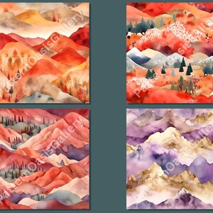 Op de afbeelding: Vier aquarellen van berglandschappen. De eerste schildering toont een rood, oranje en geel berggebied met een lichtblauwe lucht. De tweede schildering toont een rood, oranje en geel berggebied met een witte besneeuwde top. De derde schildering toont een rood, oranje en geel berggebied met een lichtblauwe lucht. De vierde schildering toont een paars, blauw en goud berggebied met een witte besneeuwde top.