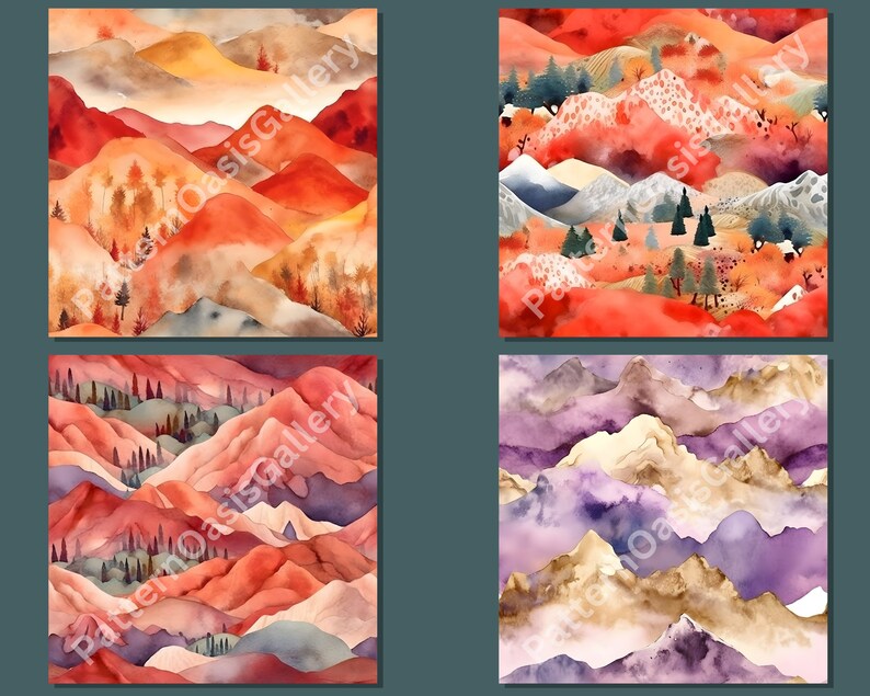 Op de afbeelding: Vier aquarellen van berglandschappen. De eerste schildering toont een rood, oranje en geel berggebied met een lichtblauwe lucht. De tweede schildering toont een rood, oranje en geel berggebied met een witte besneeuwde top. De derde schildering toont een rood, oranje en geel berggebied met een lichtblauwe lucht. De vierde schildering toont een paars, blauw en goud berggebied met een witte besneeuwde top.