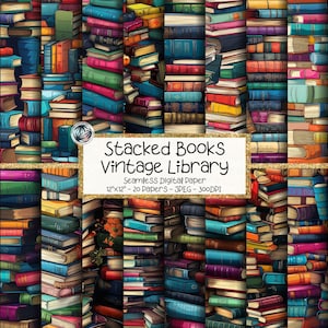 May include: A seamless digital paper pattern featuring stacks of colorful vintage books in various sizes and orientations. A central white rectangular label displays the text Stacked Books Vintage Library Seamless Digital Paper 12x12 - 20 Papers - JPEG - 300DPI.