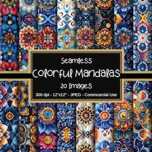 Mandala coloré, motifs transparents, papiers numériques mandala floral, lot de mandalas, 20 modèles, 12 x 12 po, usage commercial, mandala abstrait