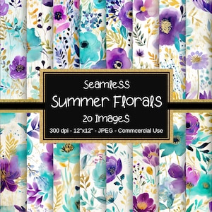 Papiers numériques sans couture fleurs d'été, motifs de fleurs aquarelles d'été, violet et bleu sarcelle, 20 modèles, 30 x 30 cm, usage commercial, motif floral