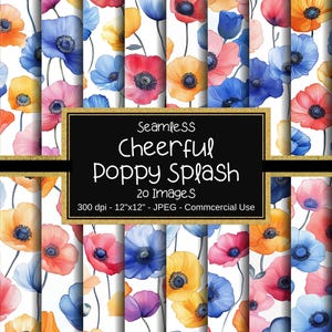 Lebendige Mohnblumen Nahtloses digitales Papier, bunte Mohnblumenmuster, 20 Designs, 12 "x 12", kommerzielle Nutzung, Blumenhintergrund, Mohnblumen-Digitalpapier