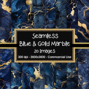 Blue and Gold Marble Seamless Digital Paper, Blue Marble Textures with Gold Foil Veins, Marble Backgrounds, Digital Scrapbooking,