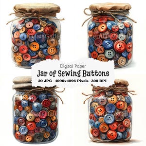 Jar of Buttons Clipart, 20 High Quality JPGs, Watercolor Images, Colorful Sewing Buttons, Journaling, Scrapbooking, Digital Download,Vintage