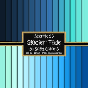 Può includere: Un pacchetto di carta digitale con un design a dissolvenza glaciale senza cuciture, con 30 colori solidi. La tavolozza dei colori passa dal blu navy intenso al turchese chiaro. L'immagine include il testo "Seamless Glacier Fade" e "30 Solid Colors". Le dimensioni della carta sono 30,48 cm x 30,48 cm.