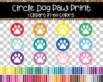 May include: A set of 12 circle dog paw prints in various colors, including red, yellow, blue, green, and purple. The paw prints are white and are set against a transparent background. The text "Circle Dog Paw Print" and "1 Clipart in 100 Colors" is displayed above the paw prints. A row of 100 color swatches is displayed below the paw prints. The text "1 Clipart in 100 Colors - PNG Format - 300 DPI" is displayed below the color swatches.