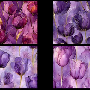 May include: Four square images showcasing a watercolor floral pattern. The design features purple tulips with gold outlines and stems against a soft, abstract background. The color palette includes shades of purple, pink, and gold.